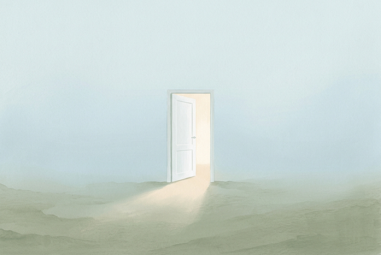 An open door standing alone, unguarded, with soft light beyond and mist around it