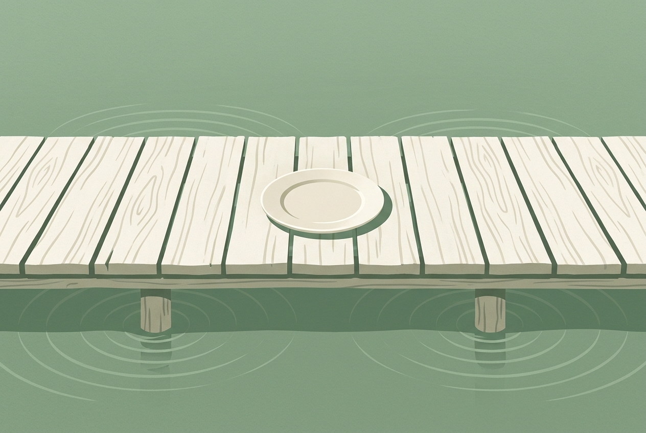 An empty plate left alone on a bridge over settling water