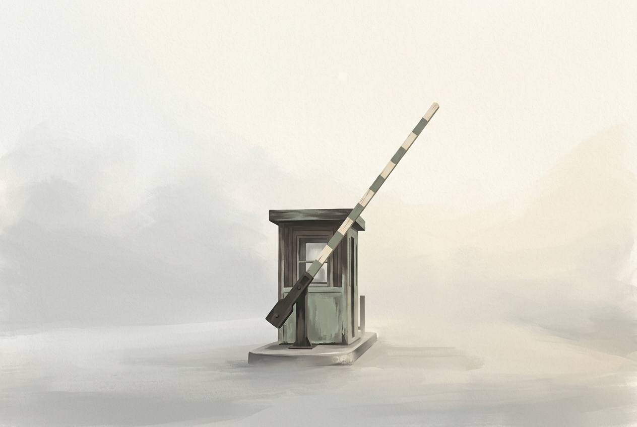 A tollbooth gate raised open in fog, untouched—representing the choice to pass without paying the mental toll